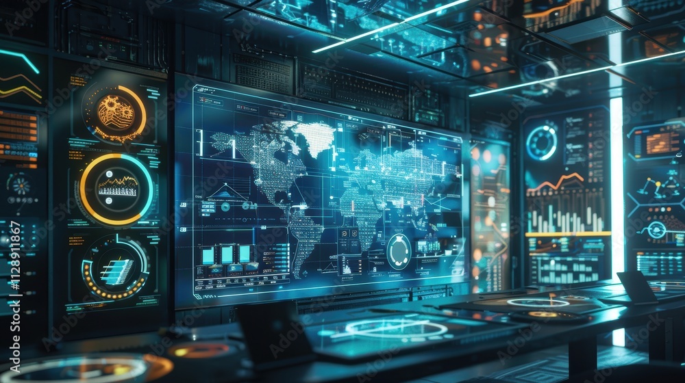 Poster futuristic control room with data visualizations and high-tech displays