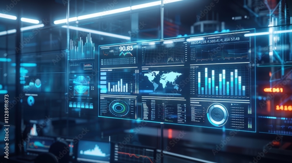 Poster futuristic data analytics interface with graphs and charts display