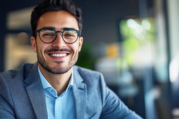 Obraz premium Smiling young professional man in modern office setting wearing glasses, demonstrating confidence and approachability in a business environment