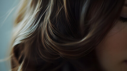 Naklejka premium A close-up of flowing wavy brunette hair shining under soft natural light.