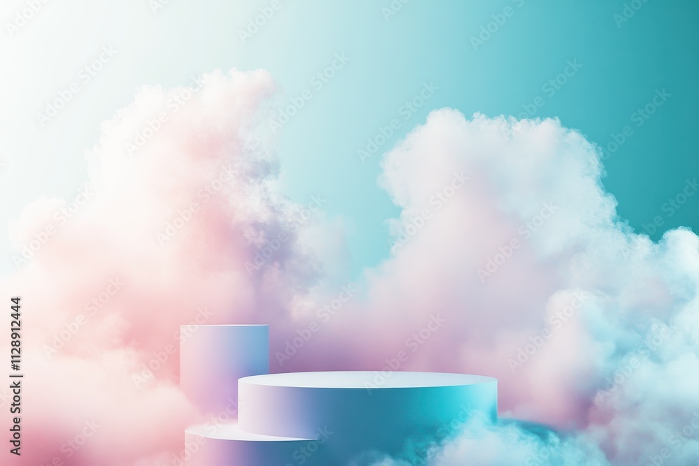 Poster abstract pastel background with geometric shapes and soft clouds in beautiful light setting, perfect