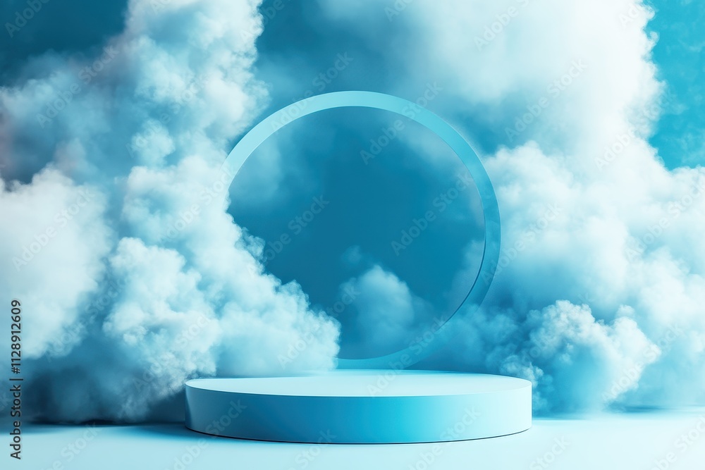 Poster modern minimalistic display pedestal with circular frame surrounded by soft clouds in serene blue to