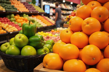 Colorful fruit vegetable display grocery store pyramid citrus fruits