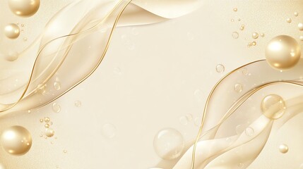 Elegant abstract background featuring swirling golden waves and bubbles on a soft beige backdrop, creating a luxurious and serene atmosphere.