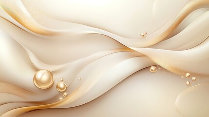 Obraz premium Elegant abstract waves with pearl spheres creating a luxurious and serene design on a creamy background.