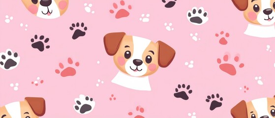Adorable Cartoon Dogs and Paw Prints Seamless Pattern on Pink Background