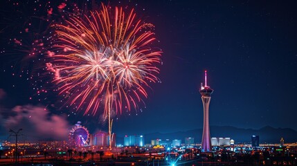 Fireworks explode over Las Vegas Strip at night.  A stunning display of colorful fireworks over the 