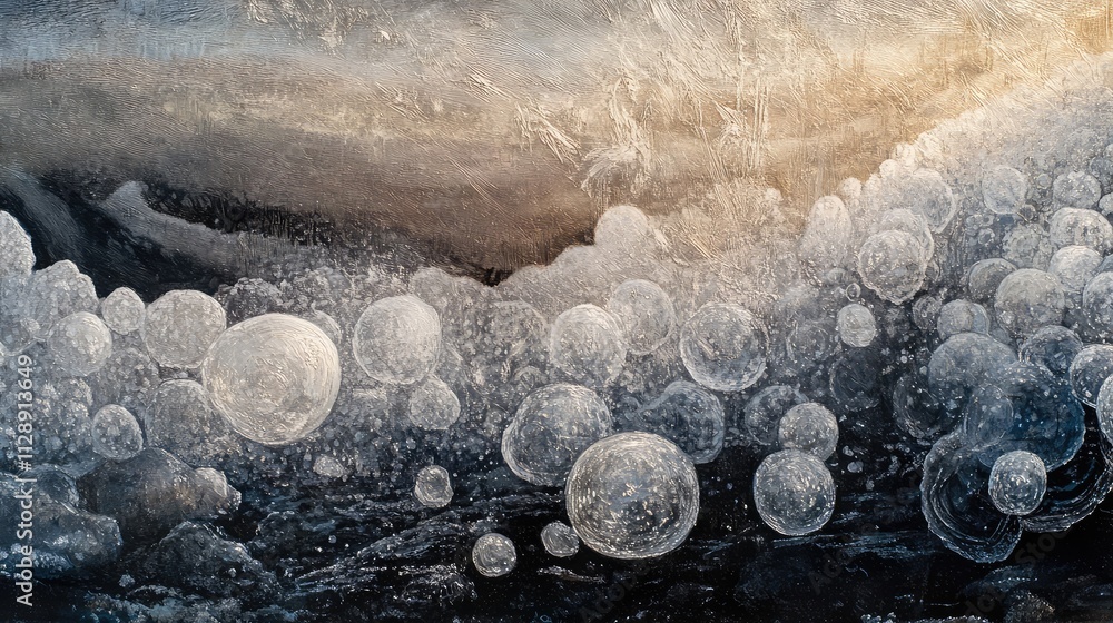 Aufkleber a detailed view of frozen air bubbles in ice, with refracted light creating shimmering patterns agai