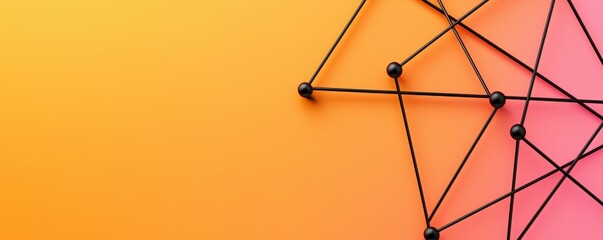A colorful abstract design featuring interconnected lines and nodes against a vibrant orange and pink gradient background.