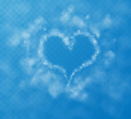 A set of different smoky fluffy heart shaped clouds on a transparent blue sky background. Romantic smoke trail, white translucent heart shaped clouds. Vector illustration for your graphic design.	
