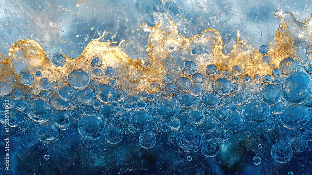 Poster a detailed view of frozen air bubbles in ice, with refracted light creating shimmering patterns agai
