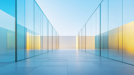 Fototapeta premium A smooth-level ground platform surrounded by transparent glass walls with a panoramic cityscape view.