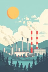 Industrial plant amidst nature with smoke and blue sky background