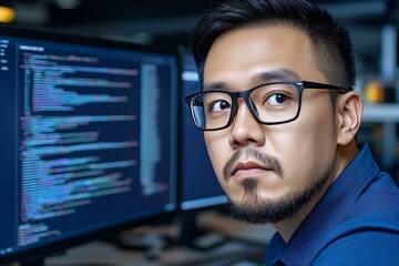 A detailed shot of a software engineer coding on a laptop, with a dual-monitor setup displaying complex programs