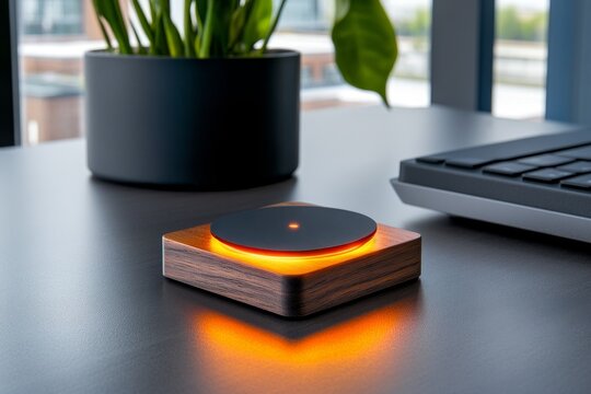 A minimalist recorder with a soft eject button glowing faintly, lying on a modern desk setup