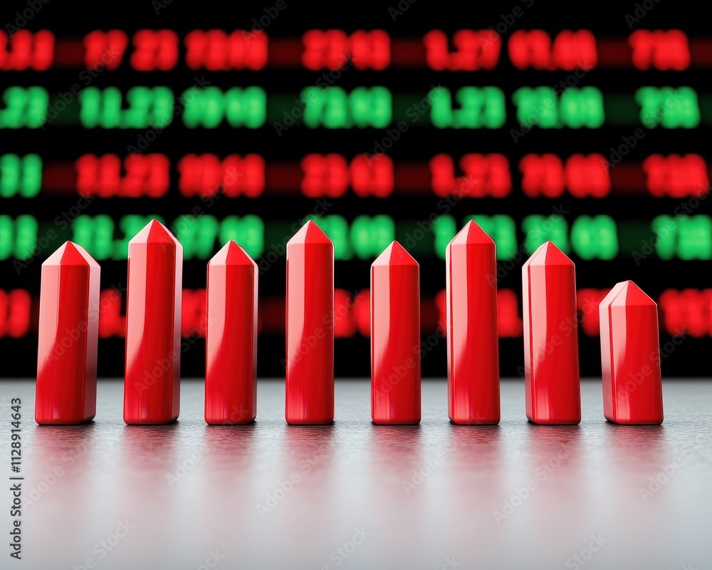 Poster a series of red candlesticks on a table, with a digital stock market display showing green and red n