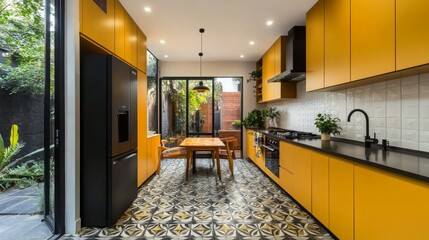 Sleek kitchen design with mustard yellow cabinetry, matte black refrigerator, a minimalist countertop, and geometric-patterned floor tiles