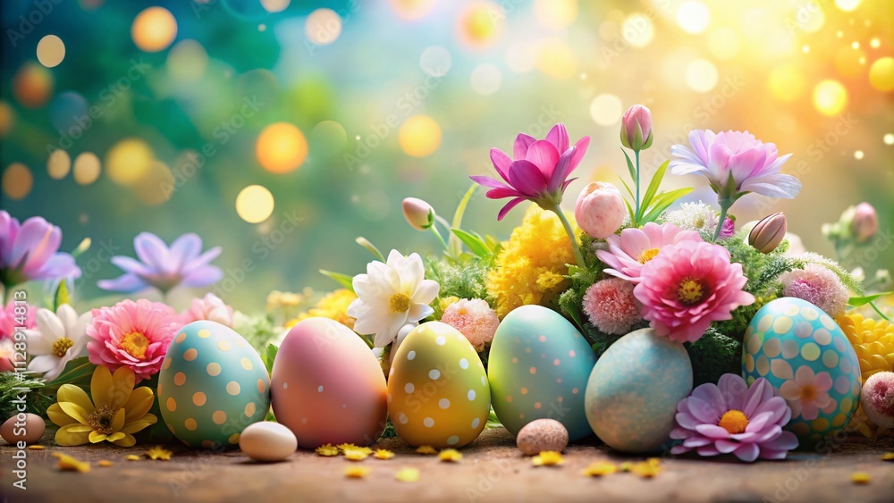 Aufkleber decorative pastel easter eggs surrounded by lush flowers on a soft background in an artistic spring 