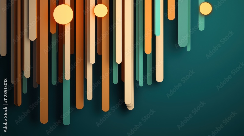 Poster a vibrant abstract design featuring vertical lines and circular shapes in warm colors against a teal