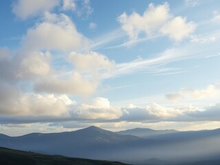 The sky is painted with hues of blue and grey as clouds drift lazily over a serene Scottish highland valley, soft focus, nature, clouds