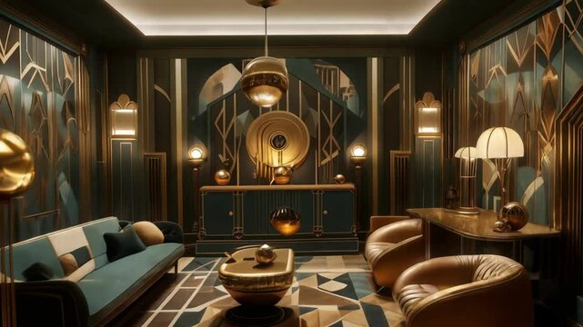 Camera pans across a luxurious living room featuring an art deco interior design with elegant furniture and geometric patterns, creating a sense of opulence and sophistication