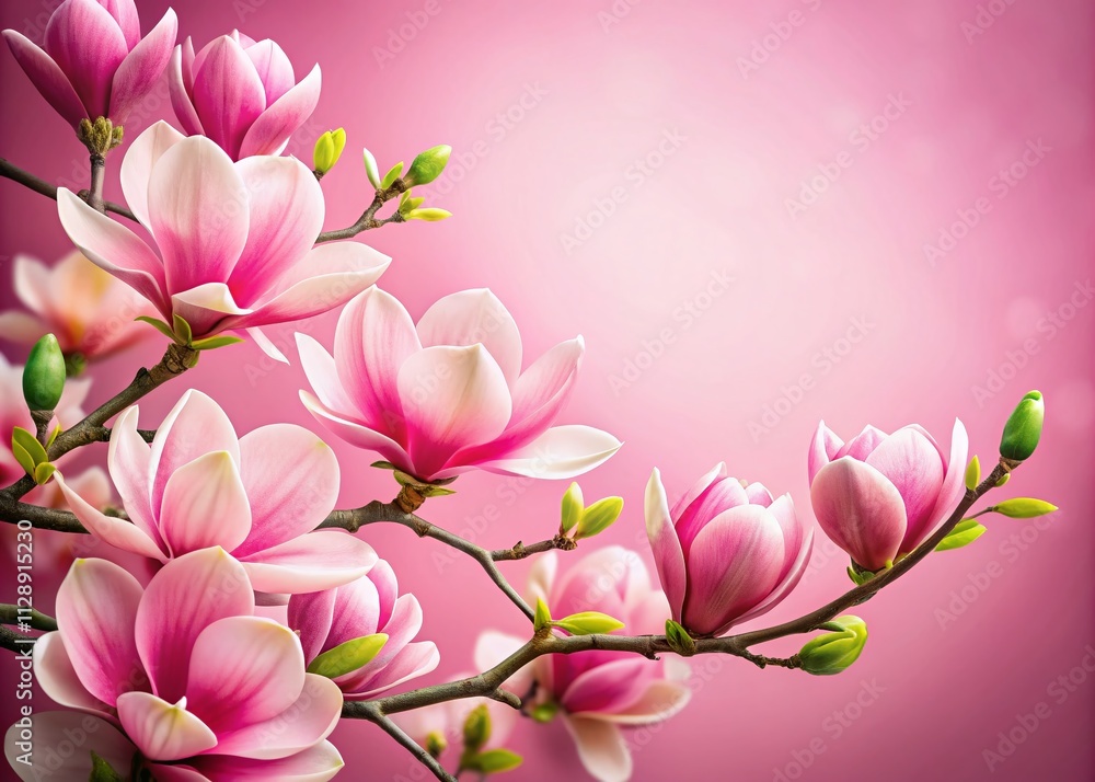 Poster delicate magnolia flowers isolated on soft pink background for spring-themed designs with ample copy