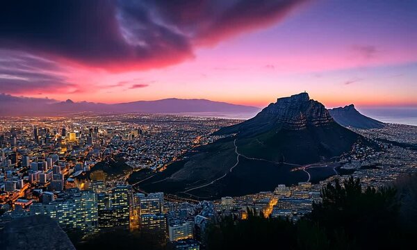 Cape Town Cityscape at Sunset, Lion's Head and Table Mountain Panorama