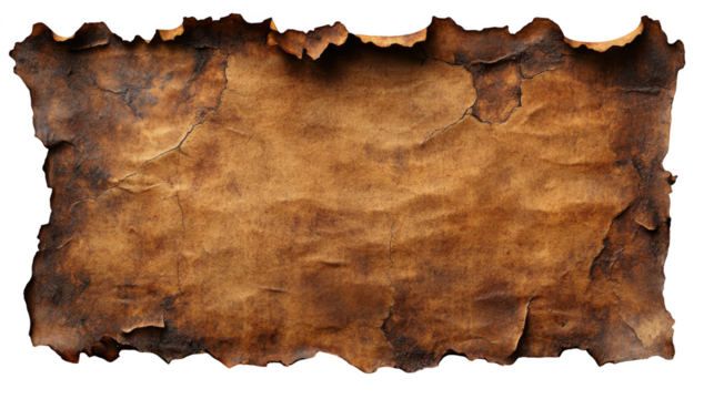 Antique parchment, torn edges, textured surface, aged appearance, rich brown hues, historical document look. Isolated on white background or PNG