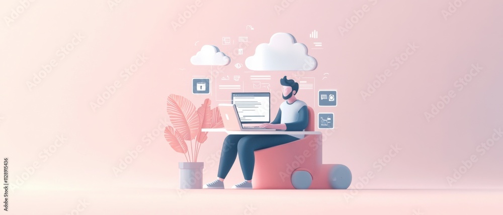 Aufkleber modern man working remotely on laptop with cloud computing technology