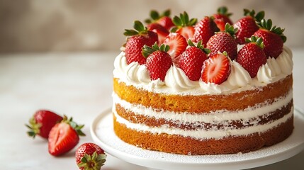 Fresh strawberry cake on table with soft background