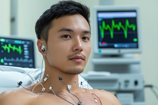 A patient undergoing an EKG test, with electrodes attached to their chest and wires leading to a modern monitoring machine