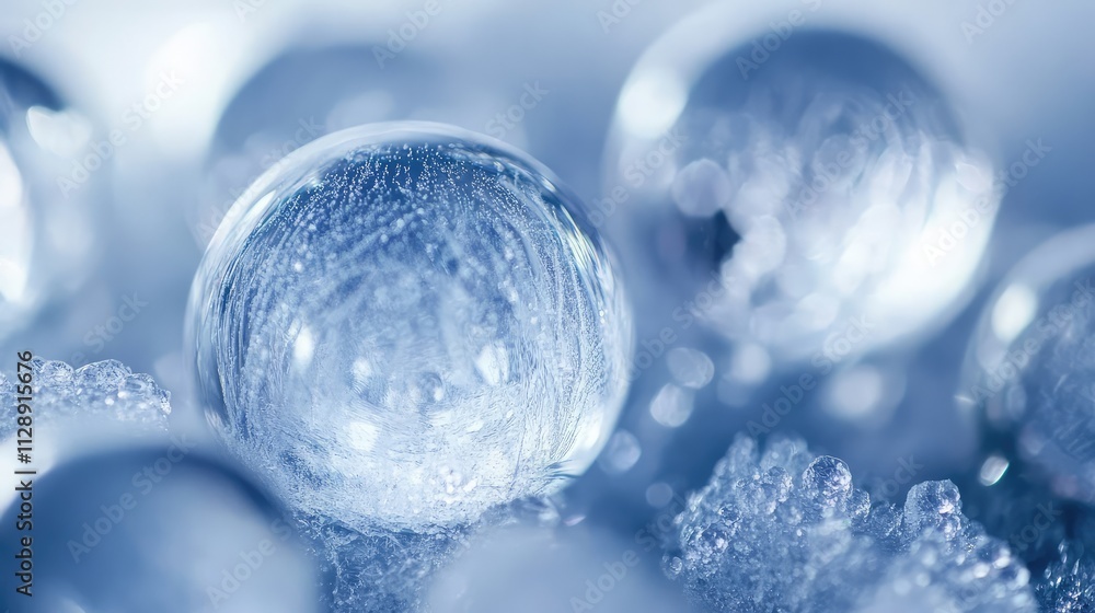 Poster a dynamic macro shot of frozen air bubbles in thick ice, showing their reflective properties and sha
