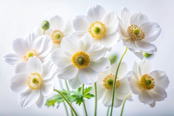 Fototapeta premium Delicate White Anemone Flowers on a Soft White Background - A Serene Portrait Photography Composition Capturing the Beauty of Nature's Elegance and Simplicity