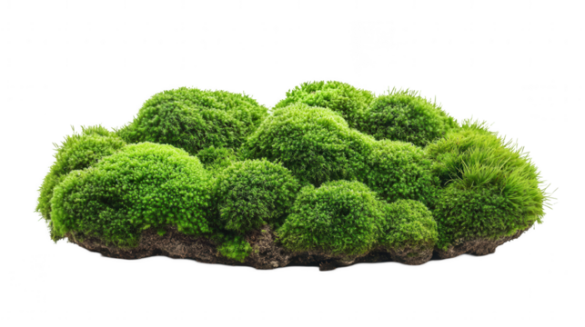 Verdant Moss Island, lush green clusters with rich texture evoke natural serenity against a white backdrop Isolated on white background or PNG