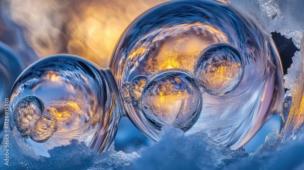 Poster a dynamic macro shot of frozen air bubbles in thick ice, showing their reflective properties and sha