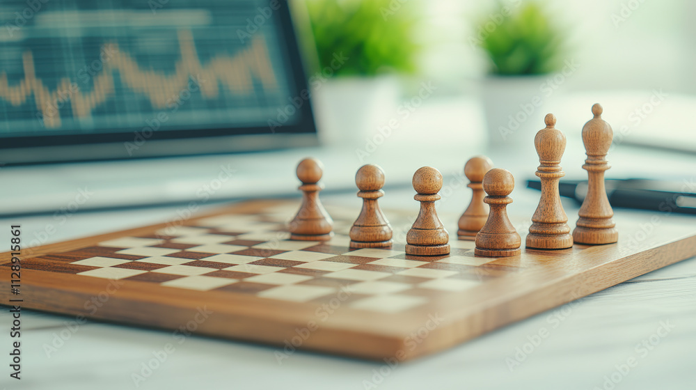 Aufkleber chess pieces on a board, ready for a game, with a laptop displaying a graph in the background; a str