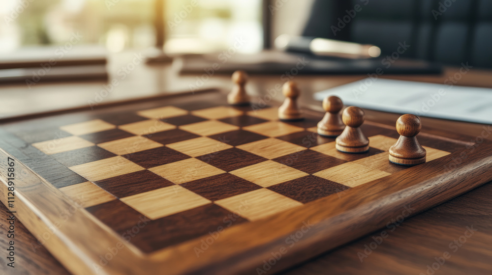 Poster a chessboard sits on a wooden table with only four pawns positioned, suggesting the start or end of 
