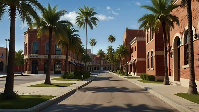 A quiet city street with a few palm trees. Seamless 4K looping timelapse video animation background