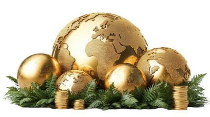 Golden Globe Arrangement, ornate spheres with world map, lush foliage, stacks of coins, symbolizing global wealth. Isolated on white background or PNG