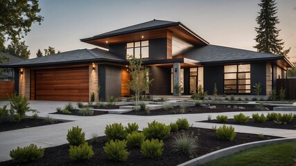 Fototapeta premium Modern residential home with landscaped yard and driveway.
