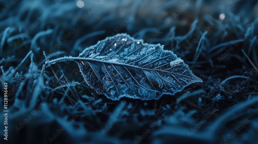 Poster a fallen leaf encased in a thin layer of ice, resting on frosty grass with intricate frozen patterns