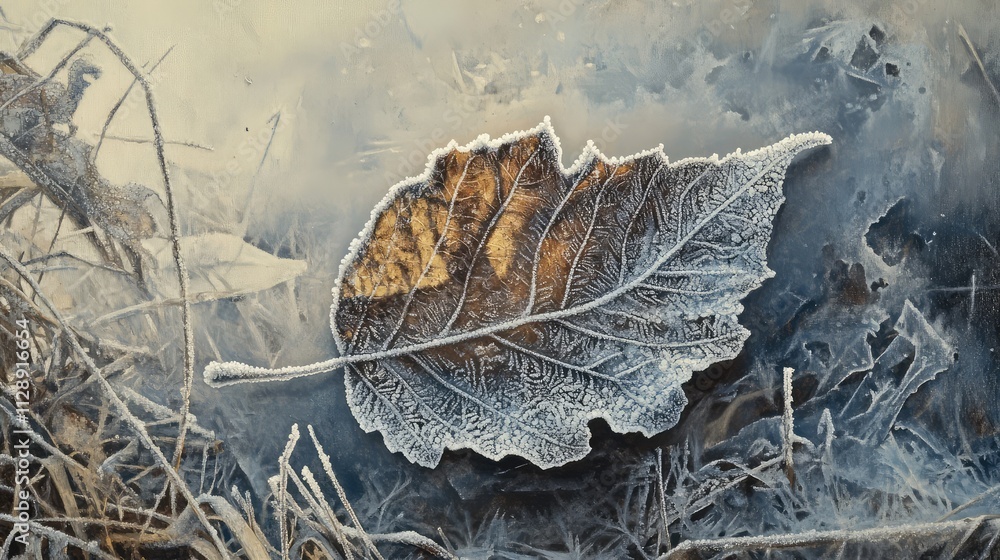 Poster a fallen leaf encased in a thin layer of ice, resting on frosty grass with intricate frozen patterns