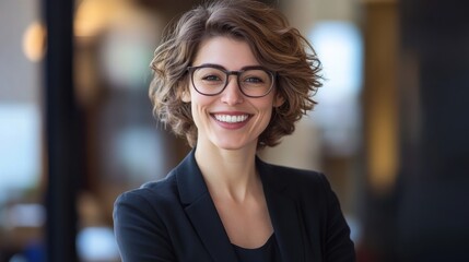 Confident Businesswoman Smiling in Modern Office Environment