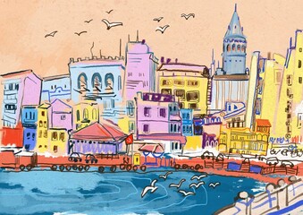 Galata Tower, Galata Bridge, Golden Horn, Bosphorus, Istanbul, Turkey,  Hand drawn beautiful landscape. 