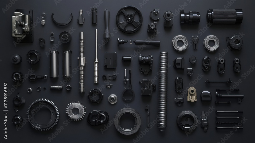 Leinwandbilder various car engine components such as pistons, gears, and valves are displayed on a dark surface, pr