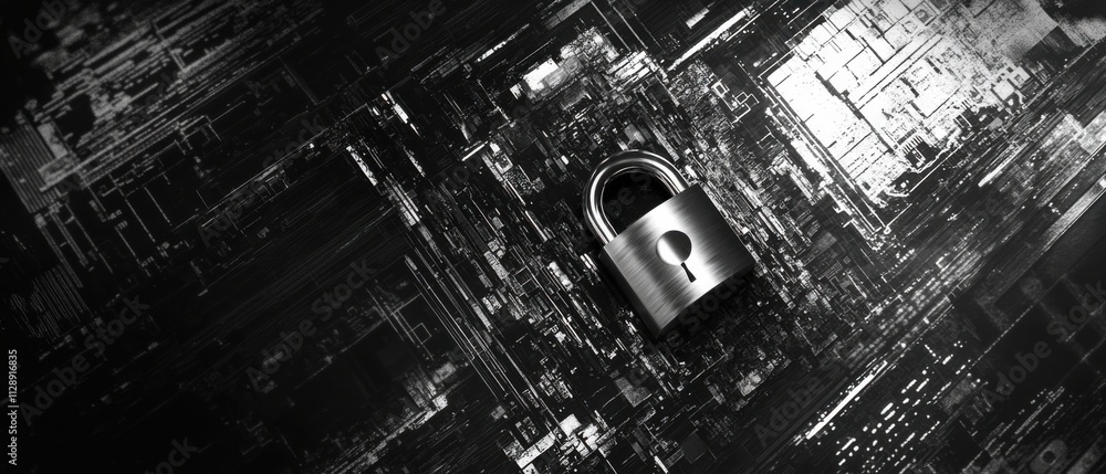 Poster secure data protection: padlock on abstract digital background