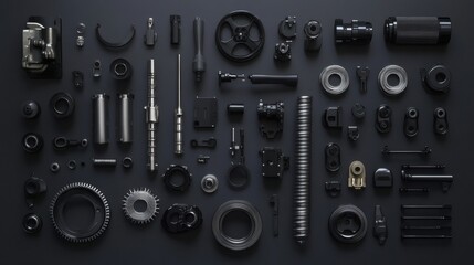 Obraz premium Various car engine components such as pistons, gears, and valves are displayed on a dark surface, providing ample copy space for text inclusion. Generative AI