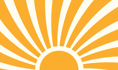Retro groovy sun background. Colorful 60s and 70s circular stripes style vector illustration design. Abstract yellow vintage sunburst ray poster. Hippie aesthetics.