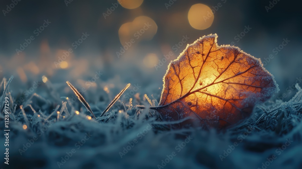 Poster a fallen leaf encased in a thin layer of ice, resting on frosty grass with intricate frozen patterns