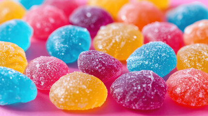 Colorful sugar-free candies or sweets on a pink background.